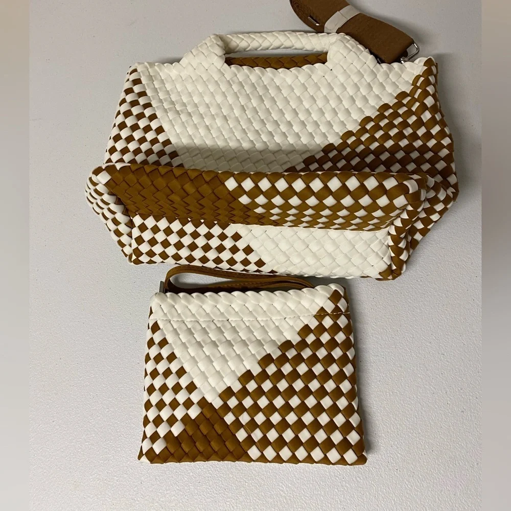 Brown and White Woven Tote Bag Set